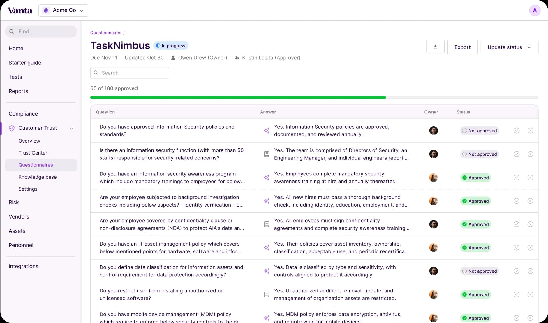 Vanta Questionnaire Automation product interface